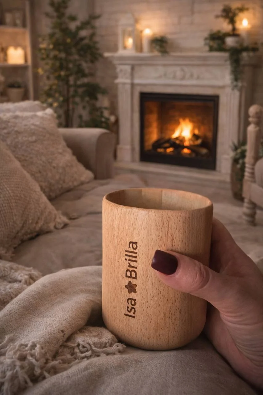 momento di relax davanti al caminetto con la tazza WOOD.